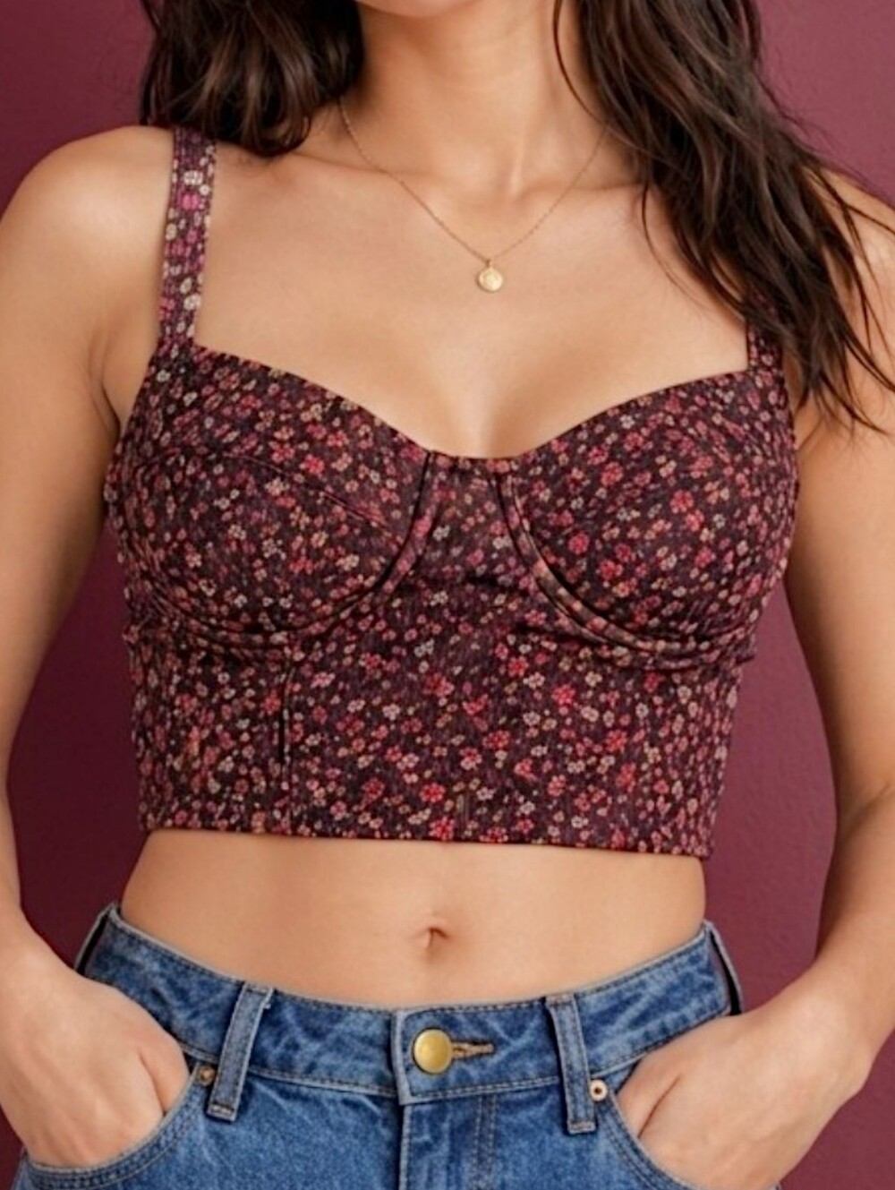 Tillys Full Tilt Velvet Bustier Crop Top XL Burgundy Red Ribbed Corduroy Floral
